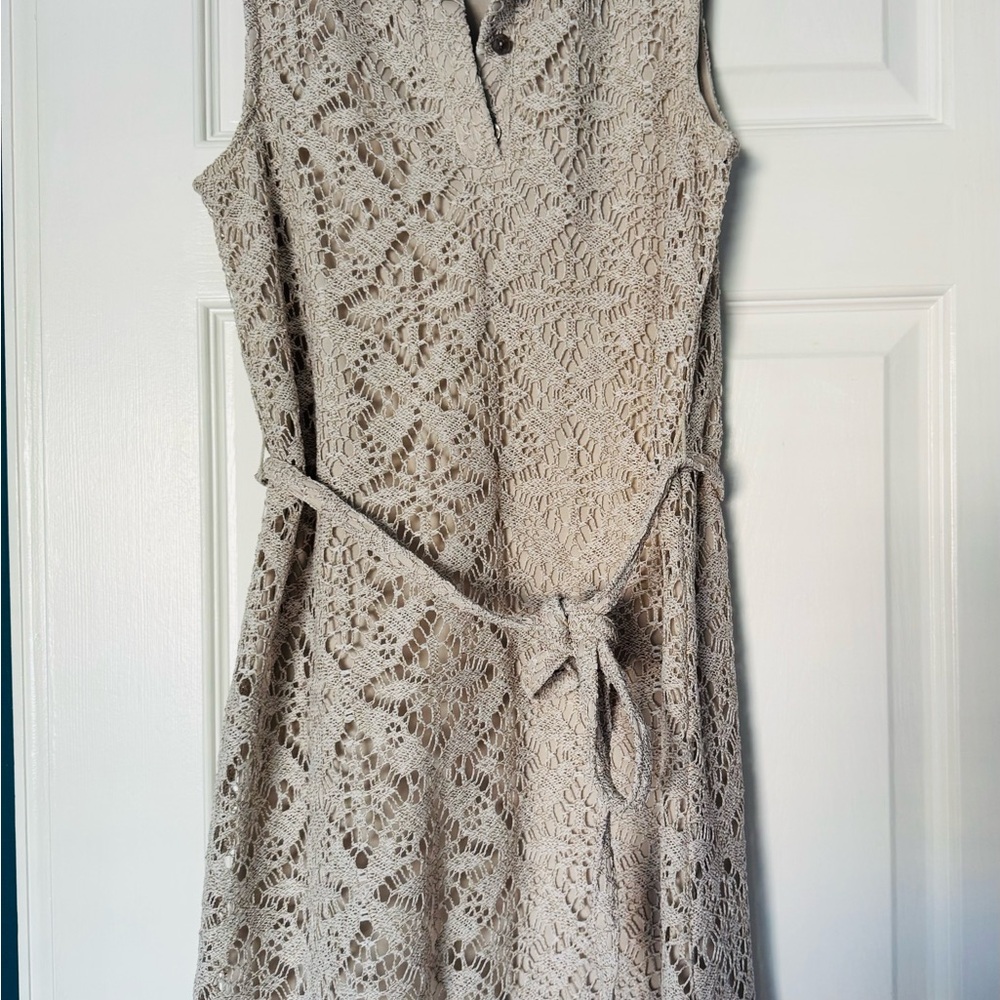 London Times Tan Tie Front V-Neck dress